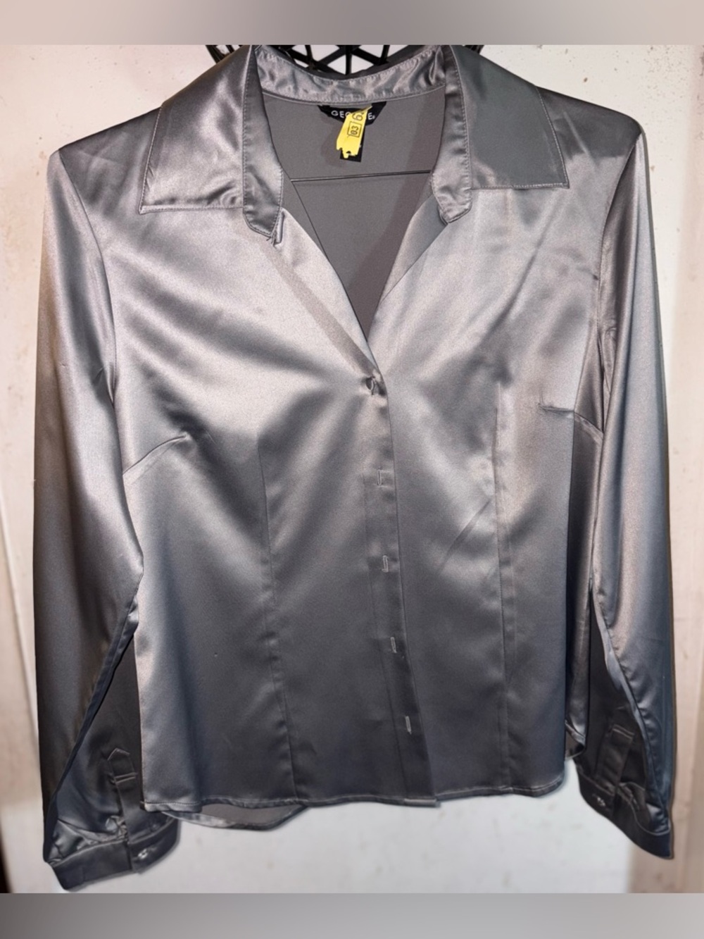 George Satin Button-Down Blouse in Silver Gray